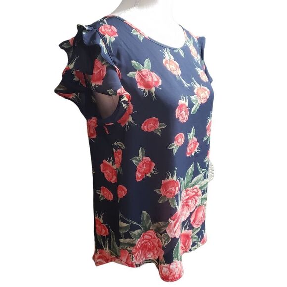 OLM Navy Res Roses Print Sheer Double Layer Ruffle Sleeves Sz M - Picture 4 of 12